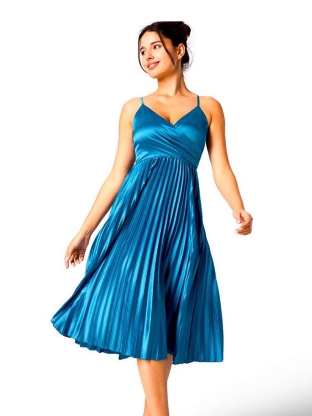 HALARA Teal Satin Pleated Midi Dress